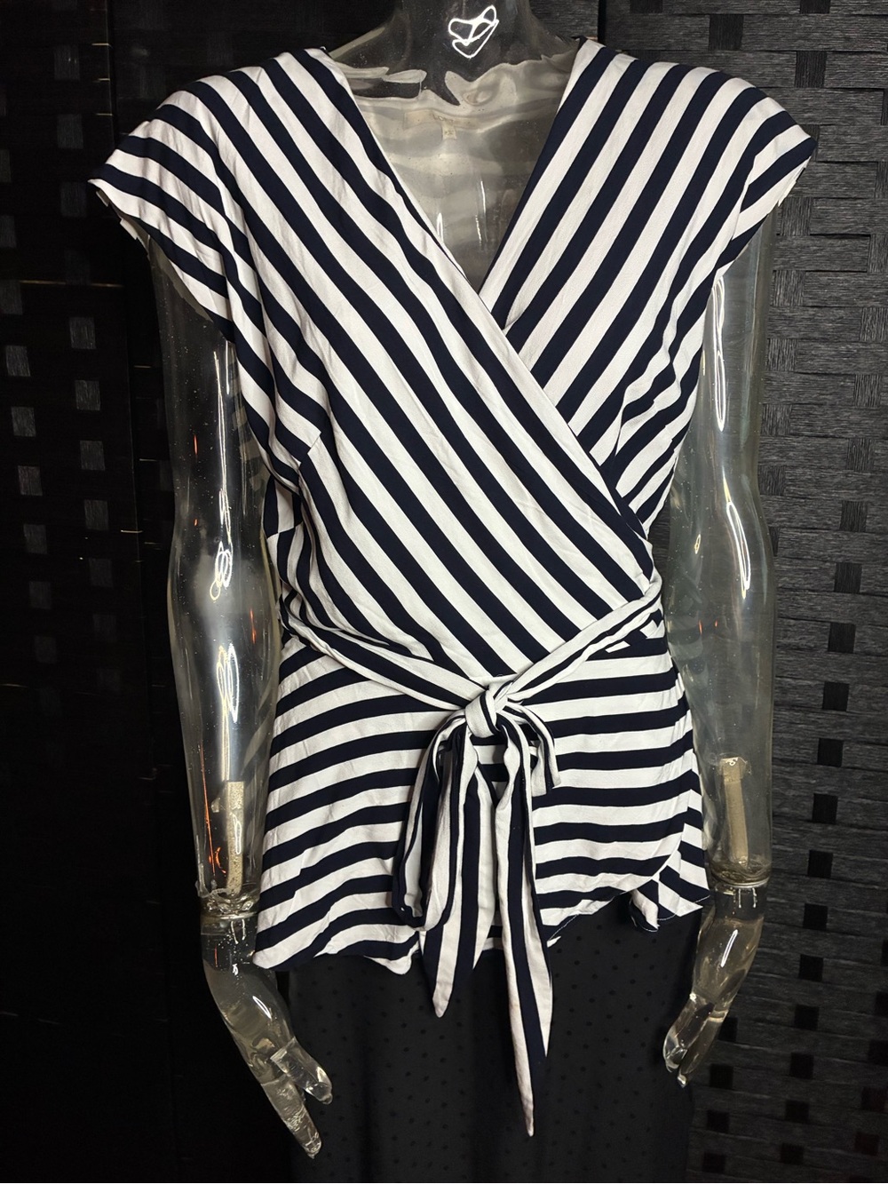 LOFT Black and White Striped Wrap Tie Blouse